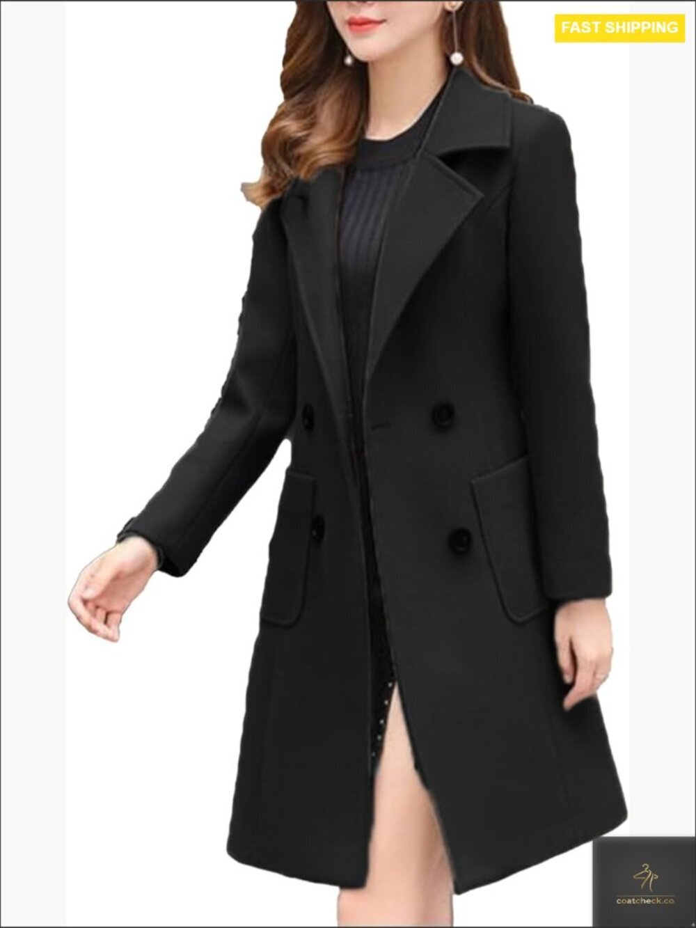 Slim Fit Wool Blend Pea Coat Double Breasted Notch Lapel Elegant Winter